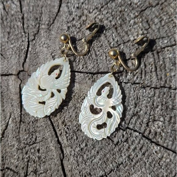 Intricate Carved Mother of Pearl Phoenix Bird Clip On Earrings 12k Gold Fill - Picture 6 of 11